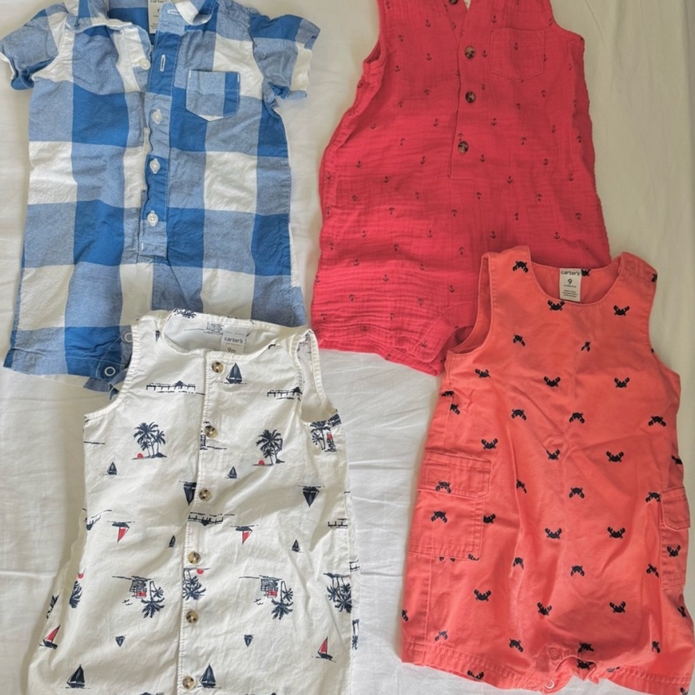 Carter's Blue Plaid, White Nautical, Coral & Pink Rompers Bundle